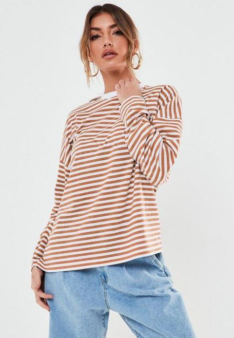 Camel Stripe Drop Shoulder Long Sleeve T Shirt, Camel