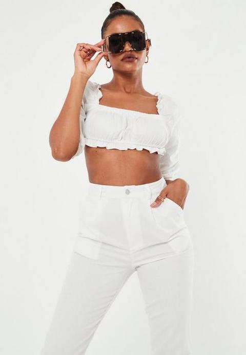 White Co Ord Twill Puff Sleeve Crop Top, White