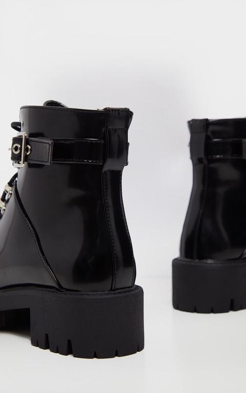 Black Hiker Lace Up Ankle Buckle Boot