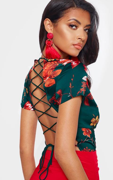 Emerald Green Floral Print Criss Cross Back Bodysuit