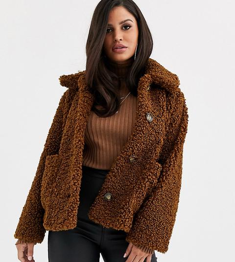 Asos Design Petite - Cappotto Teddy Bear Con Bottoni Marrone - Marrone