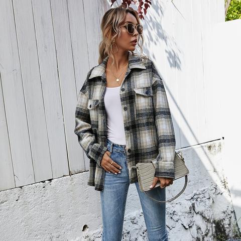 Drop Shoulder Flap Pocket Plaid Shacket