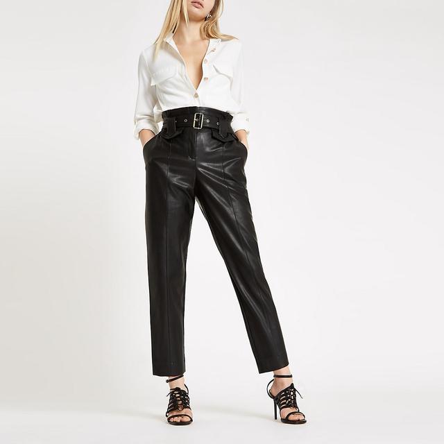 Black Faux Leather Tapered Paperbag 