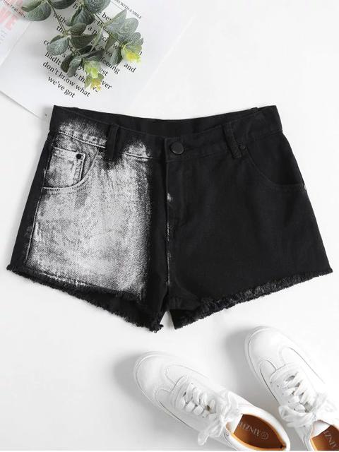 Denim Frayed Hem Mini Shorts Black