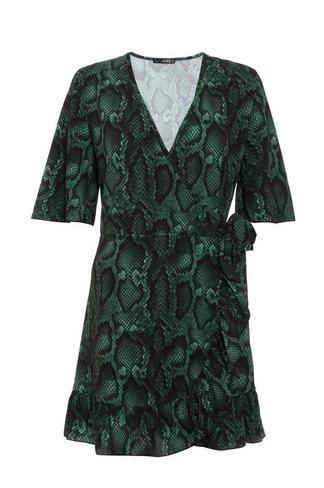 Green Snake Print Wrap Frill Dress