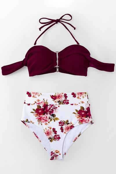 Romantic Red And Floral High-waisted Bikini