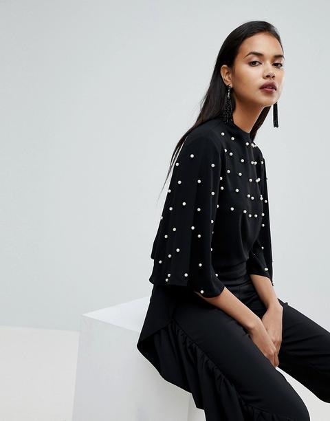 River Island - Top Con Carré Decorato Con Perle - Nero