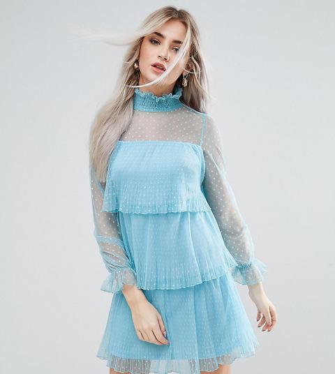 Boohoo Petite - Vestitino In Tessuto A Pallini Con Volant In Tulle - Blu