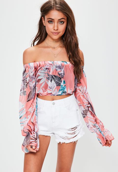 Coral Bardot Palm Print Mesh Crop Top