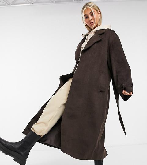 Collusion Longline Brushed Faux Wool Overcoat In Brown