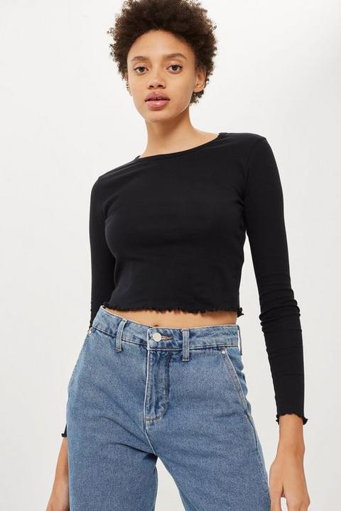 Womens Long Sleeve Lettuce Hem Crop Top - Black, Black