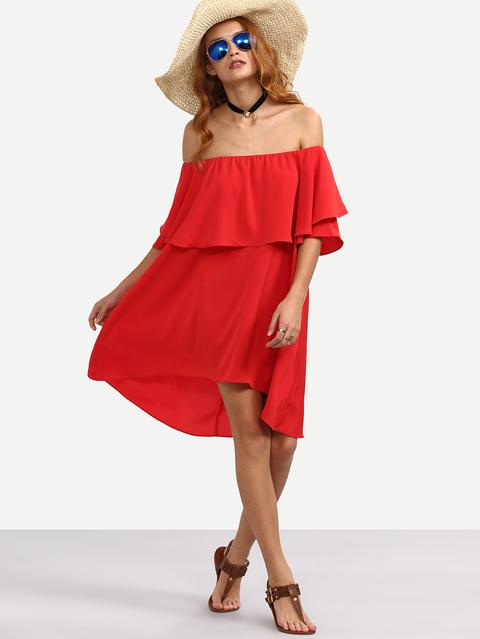 Red Ruffle Off The Shoulder Asymmetrical Dress