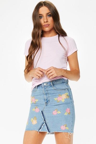 Thea Denim Floral Embroidered Mini Skirt