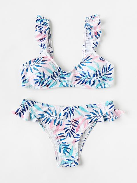 Set Biquini Con Estampado Y Ribete De Volantes