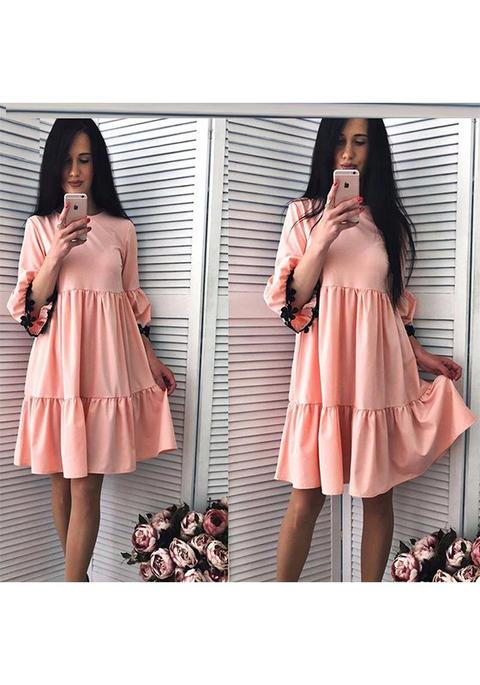 Vestito Midi Fodera Pieghettata Maniche Corte Manicotto Gomito Casuale Rosa