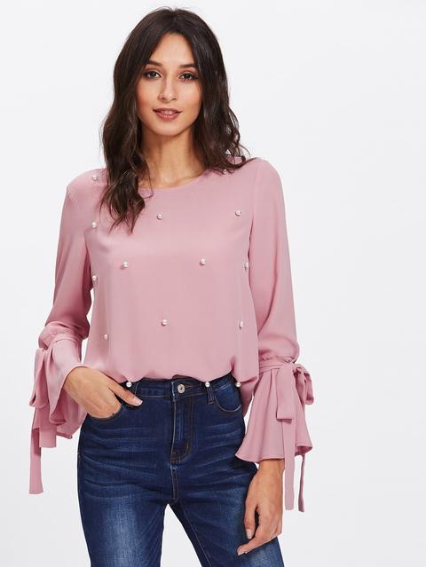 Blusa Con Adorno De Perla Y Puño Acampanado