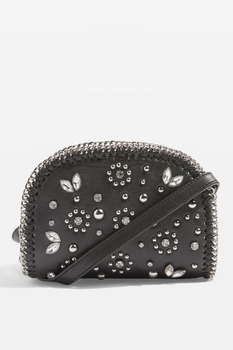 Womens Leather Embellished Saddle Cross Body Bag - Black, Black