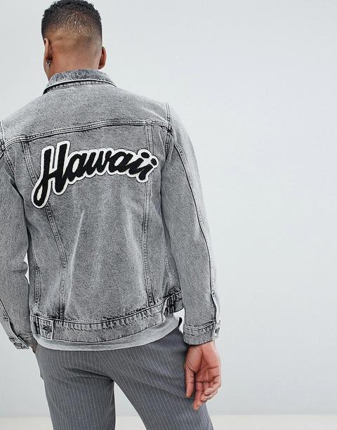 Selected Homme - Jeansjacke Mit Aufgeflocktem Hawaiiprint Hinten - Schwarz