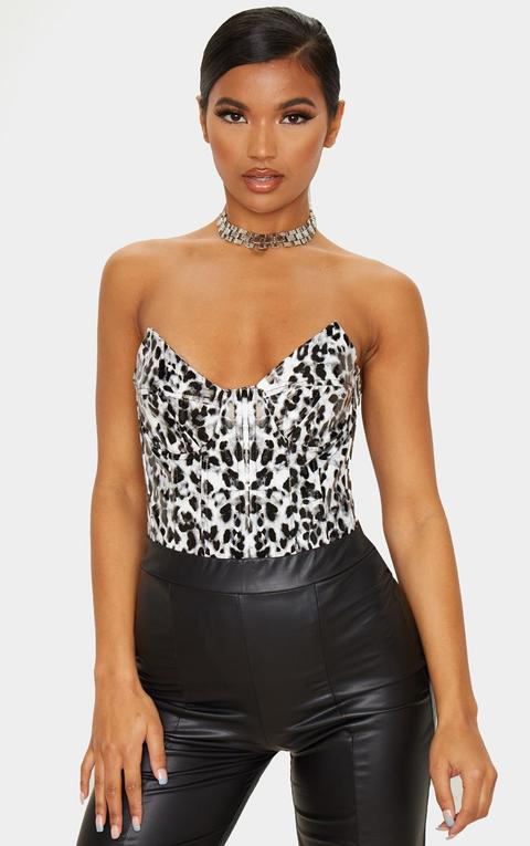 Grey Leopard Print Faux Leather Strapless V Wire Bodysuit