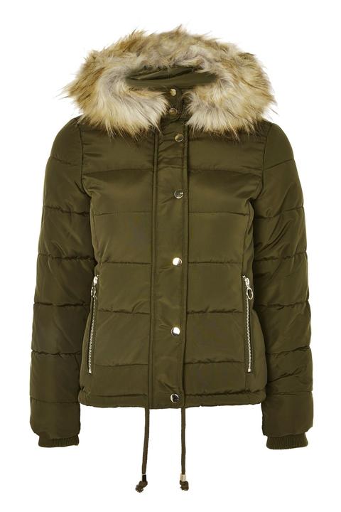 Womens Petite Puffer Jacket - Khaki, Khaki