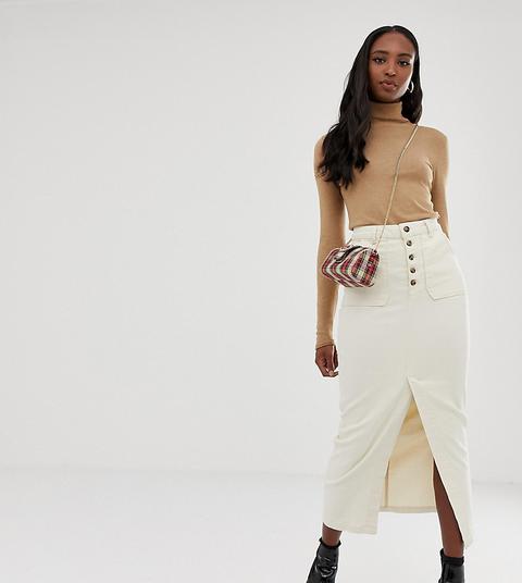 Asos Design Tall - Gonna Midi Di Jeans Premium Bianco Sporco Con Bottoni Sul Davanti - Bianco