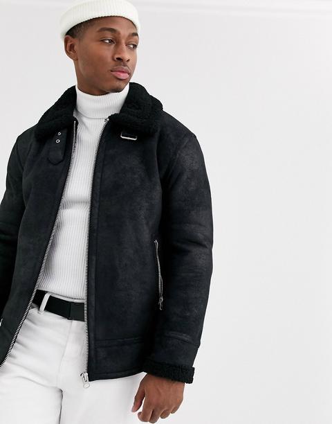 Chaqueta De Aviador De Borreguito Negro De Topman