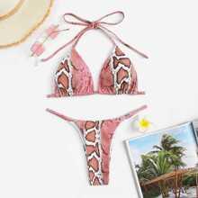 Top Halter Con Patrón De Piel De Serpiente Con Set De Bikini Tanga