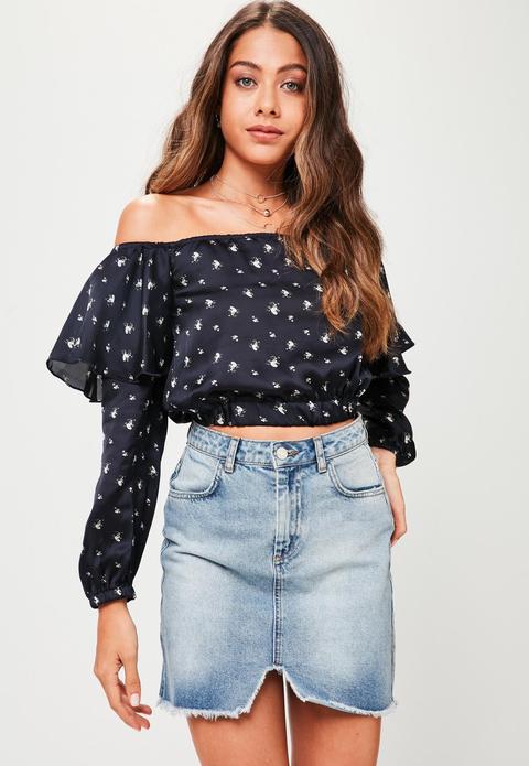 Navy Floral Frill Sleeve Bardot Top, Blue