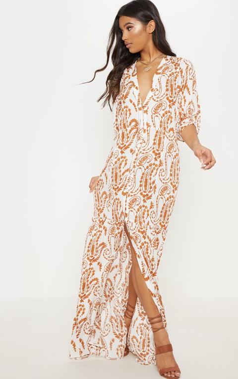 White Paisley Print Button Front Split Maxi Dress