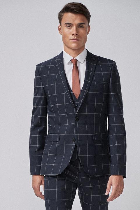 Mens Next Navy Windowpane Skinny Fit Check Suit: Jacket