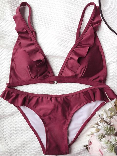 Bikini Con Volant A Scollo Profondo Burgundy