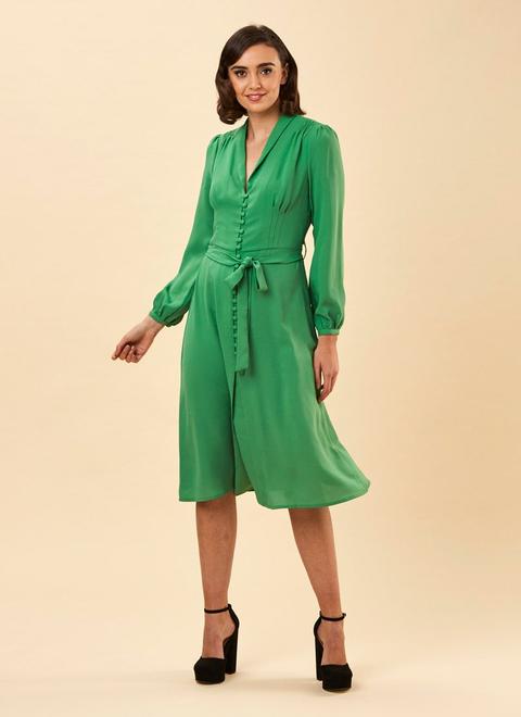 Babs Button-through Green Midi Dress - Vintage Style