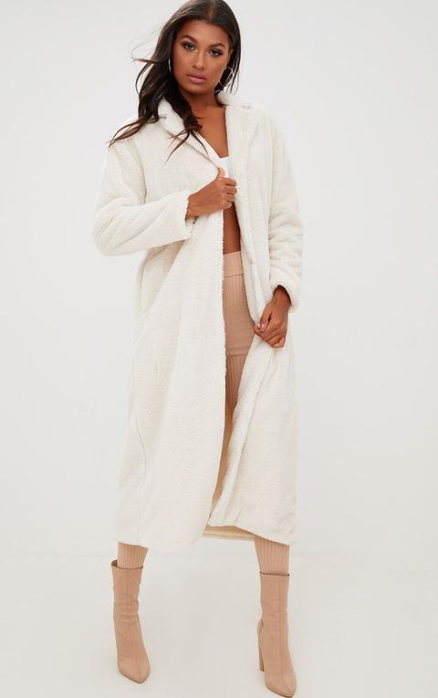 Cream Longline Faux Fur Coat