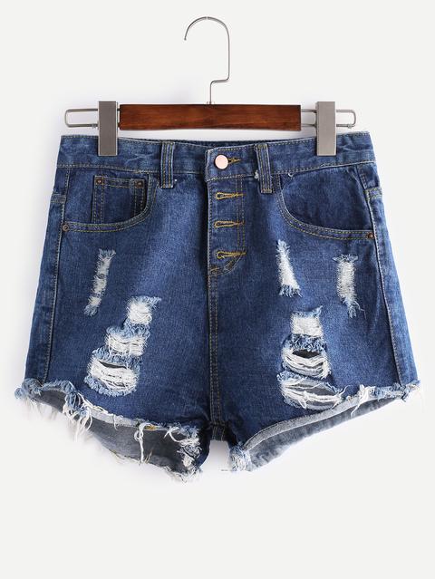 Blu Strappato Nappa Del Denim Del Bordo Shorts