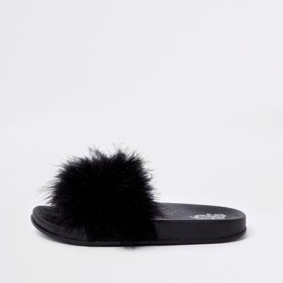 Girls Black Feather Sliders