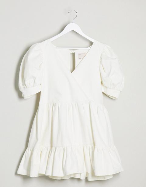 Asos Design Denim Puff Sleeve Oversized Smock Dress In White