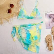 3 Piezas Bañador Bikini De Tie Dye Con Falda Cover Up