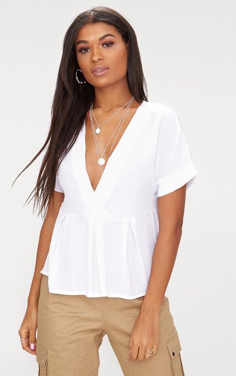 White Cheesecloth Shortsleeve Plunge Blouse