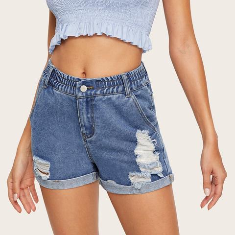 Shorts In Denim Slavati Con Strappati E Orlo Arrotolato