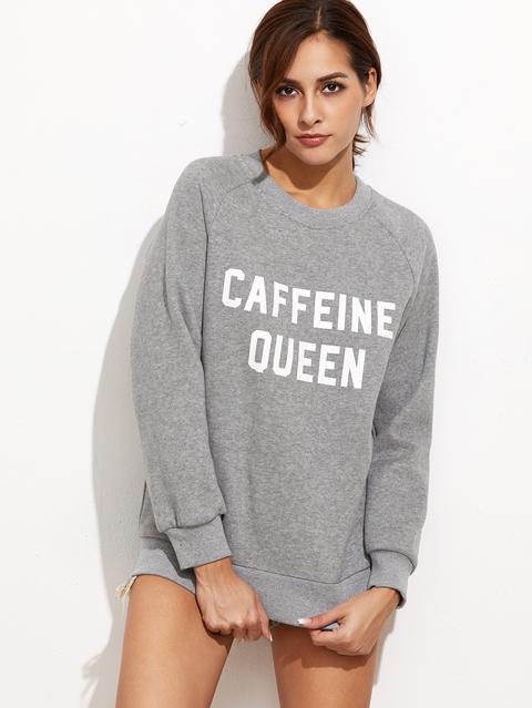 Grey Slogan Print Drop Shoulder Sweatshirt