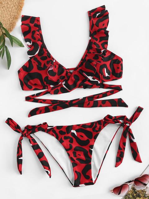 Bikini Con Stampa Leopardata E Incrociato E Volant