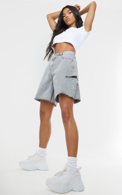 Grey Washed Thigh Split Denim Boyfriend Shorts