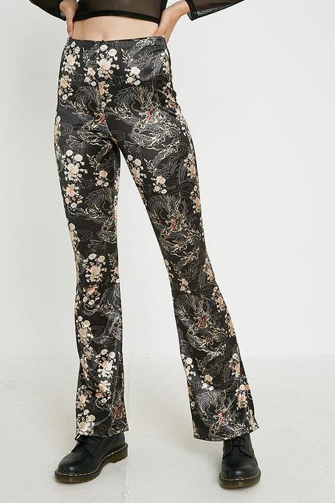 Uo Dragon Print Black Satin Flare 