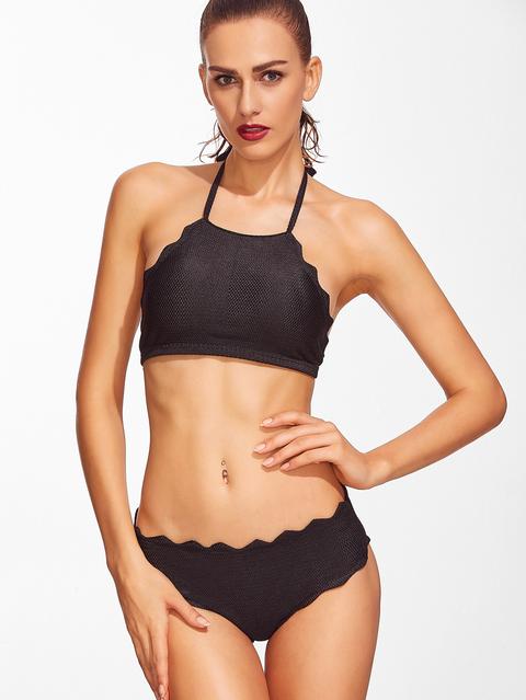 Sets De Bikini Ribete Festoneado Halter Negro