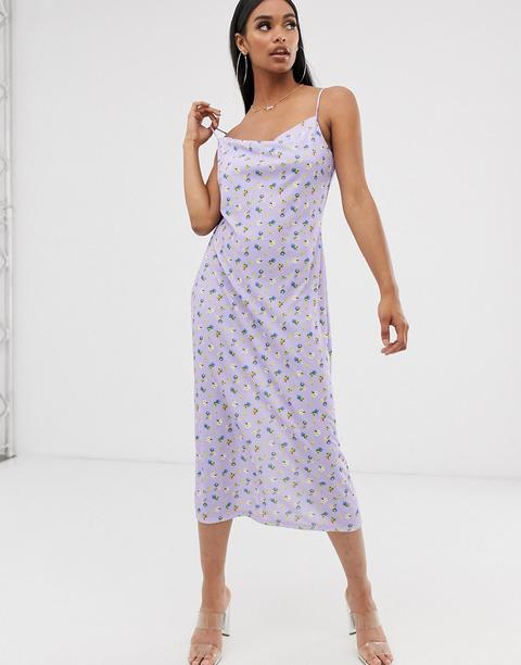 Asos Design Slip Midi Dress In Lilac Ditsy Print-multi