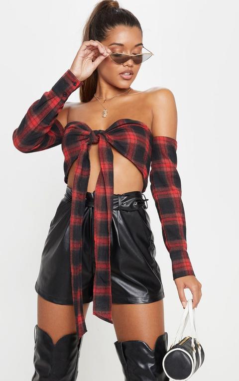 Red Check Bardot Tie Front Crop Top