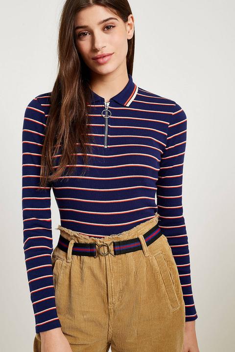 Uo Blue Striped Zippered Polo Neck Top - Womens M