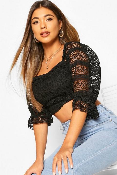 Top De Encaje Con Espalda De Tirantes Y Manga 1/4, Negro
