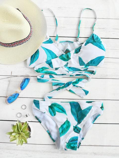 White Leaf Print Wrap Detail Bikini Set