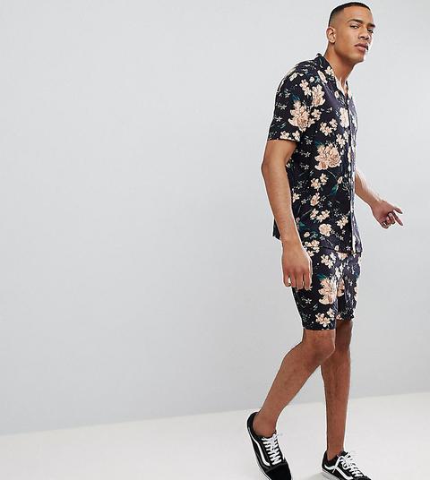 Asos Design Tall Co-ord Slim Shorts With Elasticated Waistband In Dark Floral Print-black